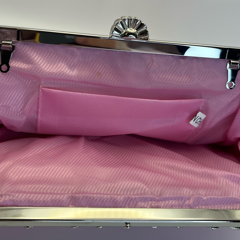 Chic Pink Satin Clutch with Silver Accents - Picture 4 of 5